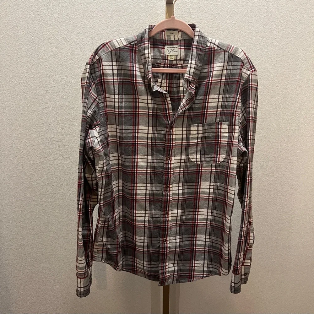 J.Crew flannel button-down slim fit long sleeve shirt Grey & Red Plaid XL